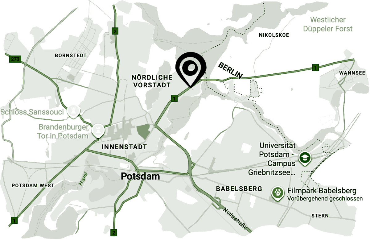 Karte mit Standort der Praxis von Inga Läzer - Osteopathie & Physiotherapie für Tiere aus Potsdam